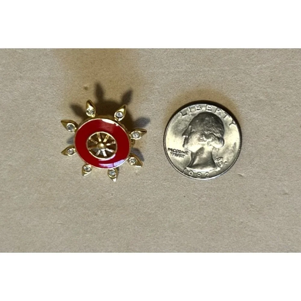 Vtg St John Signed Red Enamel Nautical Ships Wheel Brooch Pin Gold Tone Crystal
